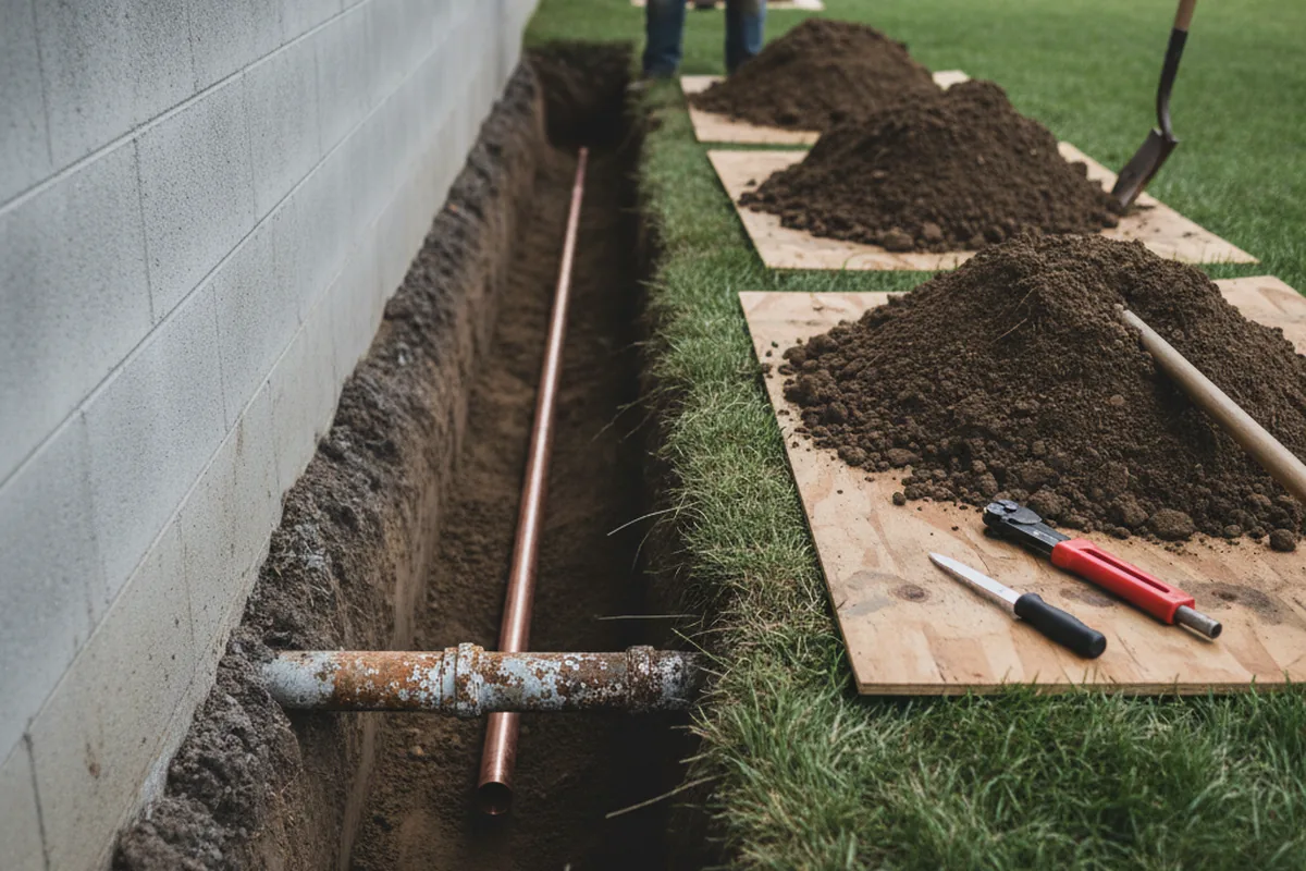 Excavated water line trench during Water Heater Repair in Markleton
